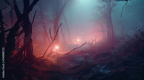 Night magical fairy fantasy forest. Forest landscape, neon, magical lights in the forest generative ai