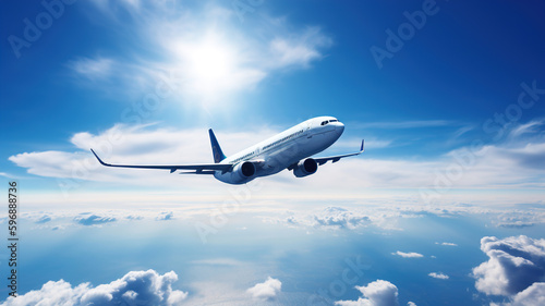 Airplane flying towards the sun in blue sky.  Aerial view of charter passenger jet  Travel and Tourism Concept