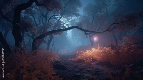 Fantasy and fairytale magical forest with purple and cyan light lighting pathway generative ai