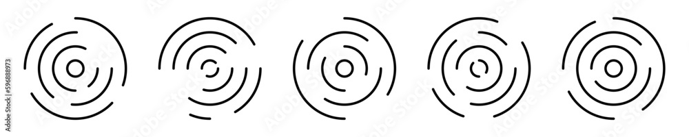 Set of circular ripple icons. Concentric circles with intermittent lines isolated on white background. Vortex, sonar wave, soundwave, sunburst, signal symbols Set of circular ripple icons. Concentric circles with intermittent lines isolated on white background. Vortex, sonar wave, soundwave, sunburst, signal symbols