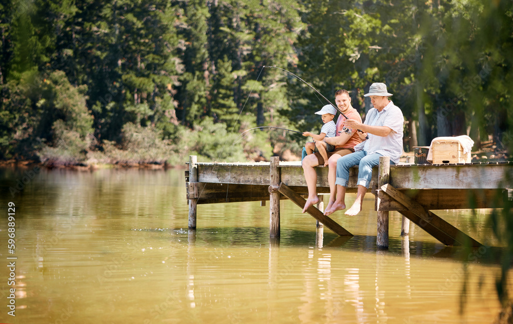 No matter what youre doing, time spent together is what matters. Shot of a little boy fishing with his father and grandfather at a lake in a forest. No matter what youre doing, time spent together is what matters. Shot of a little boy fishing with his father and grandfather at a lake in a forest.