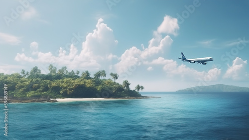 Passenger Airplane Fly Over Tropical Islands in Ocean, Coastline at Sunrise in summer - Travel and Tourism Concept