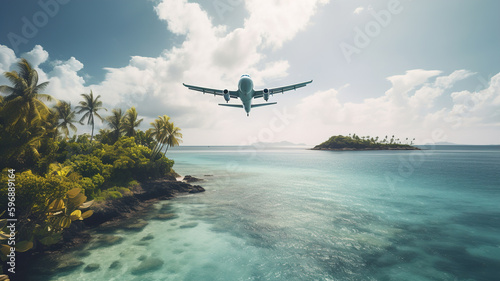 Passenger Airplane Fly Over Tropical Islands in Ocean, Coastline at Sunrise in summer - Travel and Tourism Concept