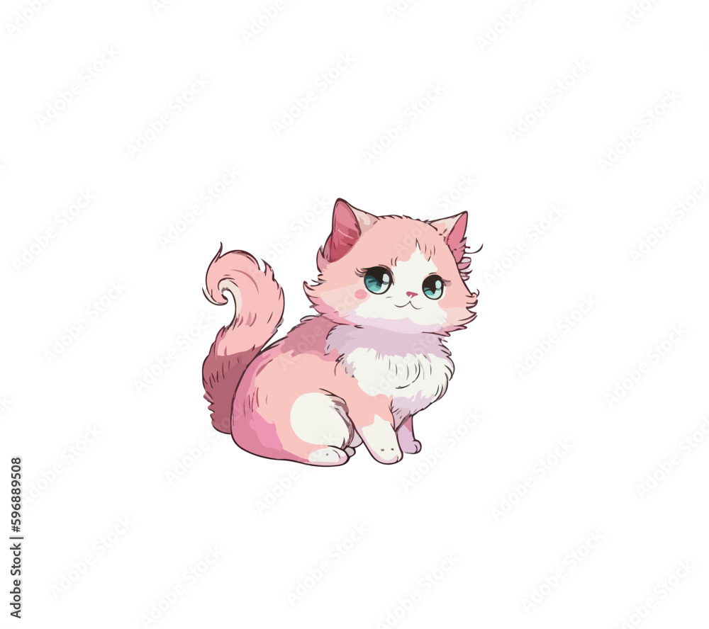 Pink cartoon kitten with a cute muzzle on a white background. Vector illustration