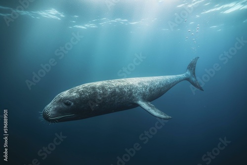 Male narwhal swimming in ocean water. Generative AI © Delphine
