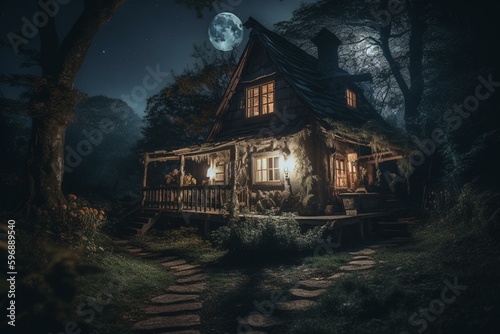 Eerie full moon cabin in enchanted forest with fairy tree houses. Generative AI