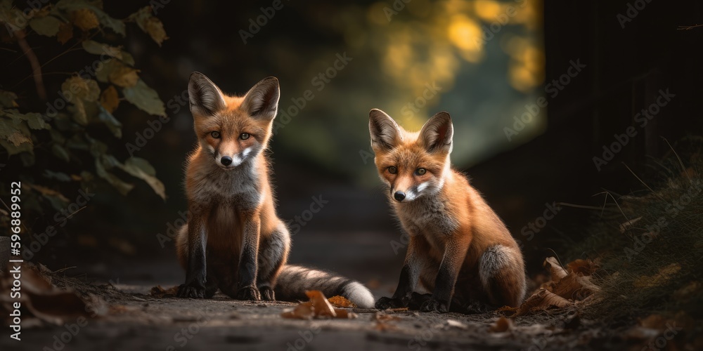 Obraz premium two fox babies on a path near a river Generative AI