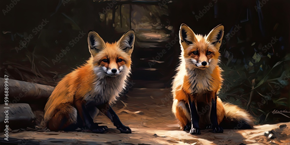 Fototapeta premium two small foxes sit on a wooded path Generative AI
