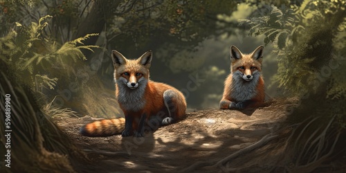 two small foxes sit on a wooded path Generative AI © SKIMP Art