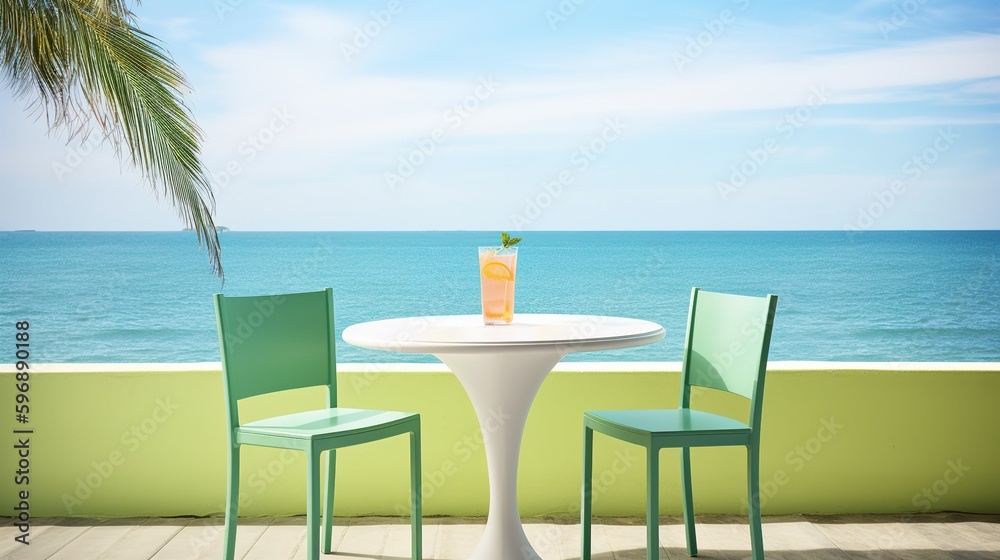 Beachside Cafe - Table with cocktail and Chairs with Bokeh Ocean Sea Beach Background - Relaxing Morning Comfort at a Travel Resort