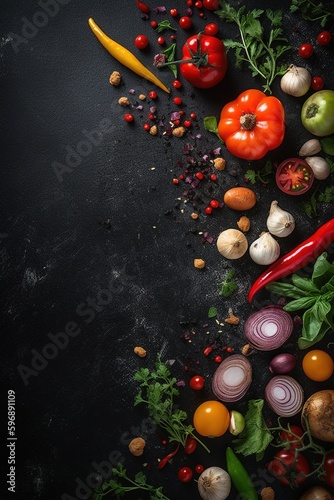 Different vegetables and spices on black background.Generative AI