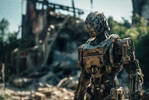a robot in a destroyed city with ruins of buildings, side street deserted. Generative AI