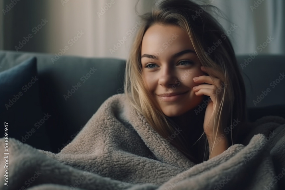 young adult woman snuggled up in a blanket at home while relaxing or recovering from an illness or flu or virus. Generative AI young adult woman snuggled up in a blanket at home while relaxing or recovering from an illness or flu or virus. Generative AI