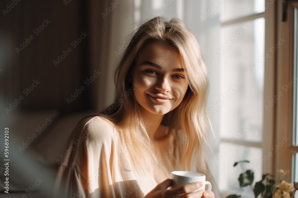 slender pretty beauty adult woman, living room with sofa and daylight. Generative AI slender pretty beauty adult woman, living room with sofa and daylight. Generative AI