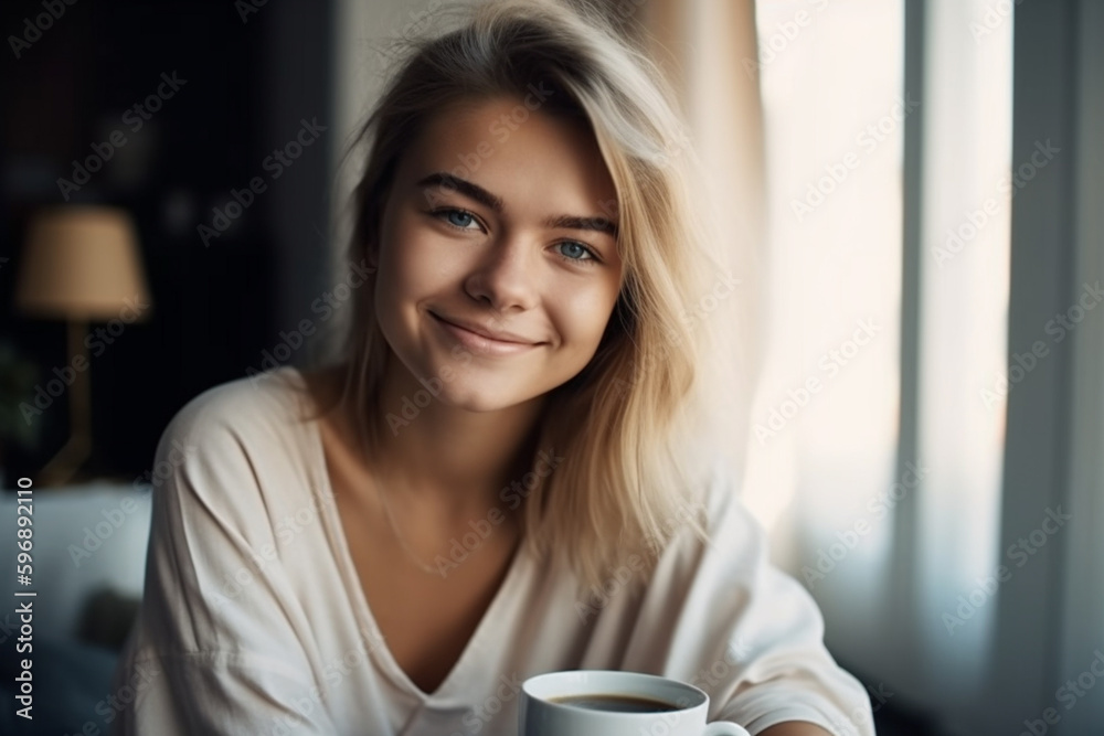 slender pretty beauty adult woman, living room with sofa and daylight. Generative AI slender pretty beauty adult woman, living room with sofa and daylight. Generative AI