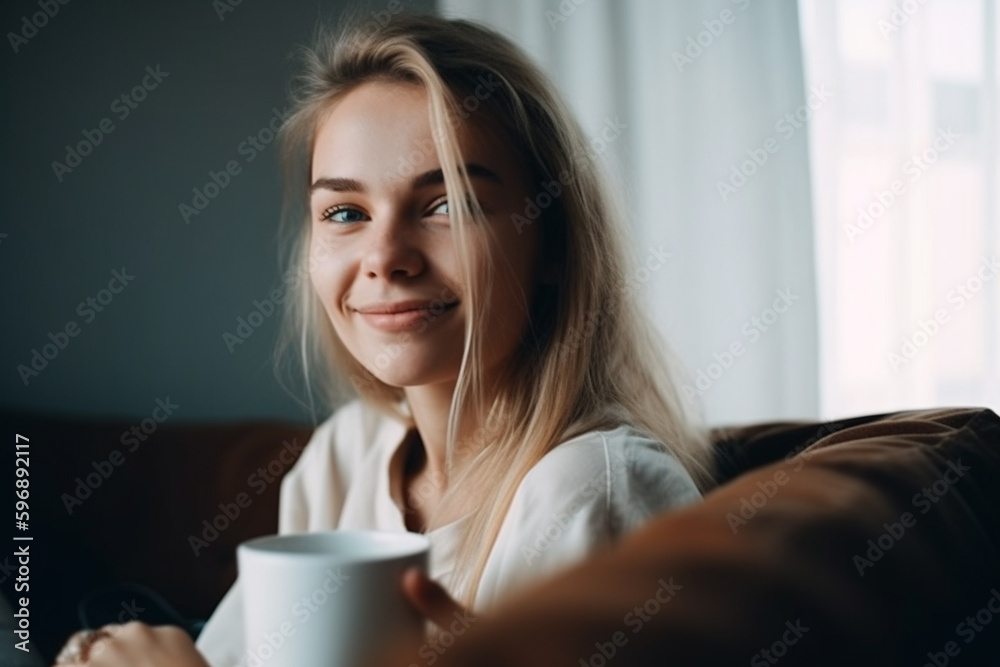 slender pretty beauty adult woman, living room with sofa and daylight. Generative AI slender pretty beauty adult woman, living room with sofa and daylight. Generative AI
