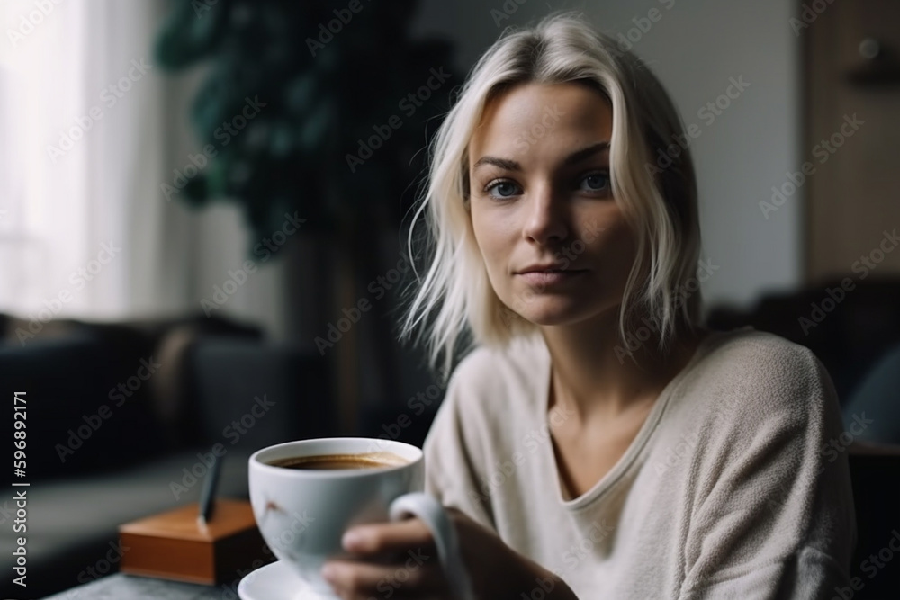 slender pretty beauty adult woman, living room with sofa and daylight. Generative AI slender pretty beauty adult woman, living room with sofa and daylight. Generative AI