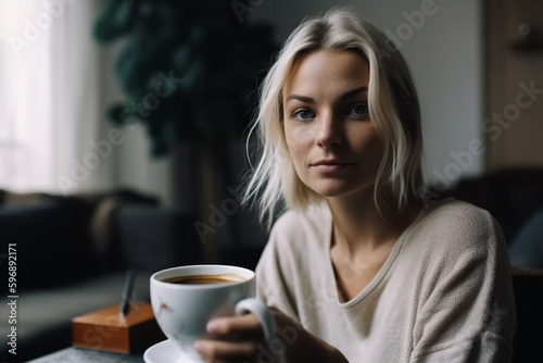 slender pretty beauty adult woman, living room with sofa and daylight. Generative AI