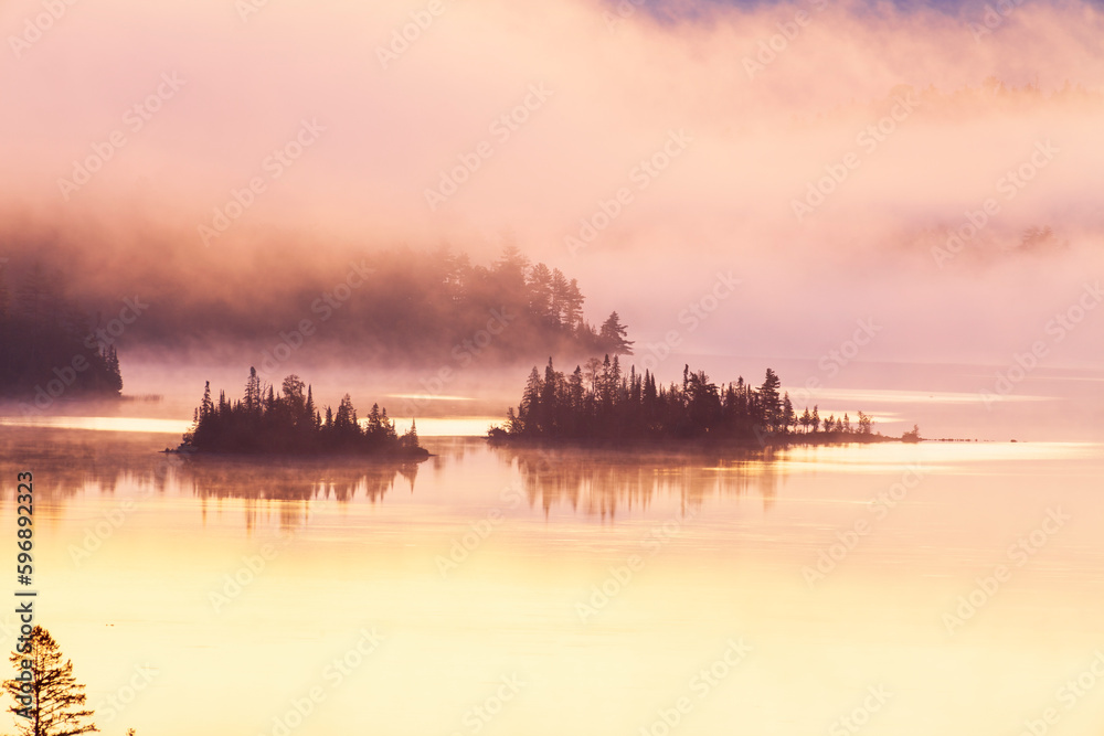Fototapeta premium Islands with pine trees on a boundary waters lake shrouded in fog at dawn