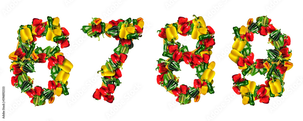 set of numbers made of yellow, red and green peppers, generative ai illustration, these depiction is fictitious and generated set of numbers made of yellow, red and green peppers, generative ai illustration, these depiction is fictitious and generated