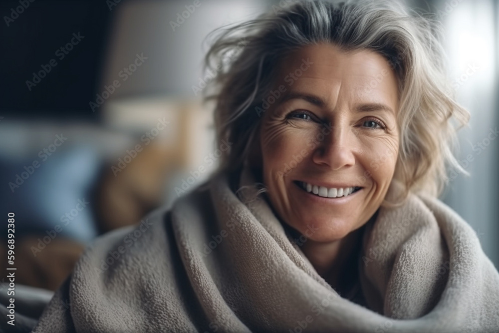 woman under blanket drinking tea in the background a white living room with sofa and daylight. Generative AI woman under blanket drinking tea in the background a white living room with sofa and daylight. Generative AI