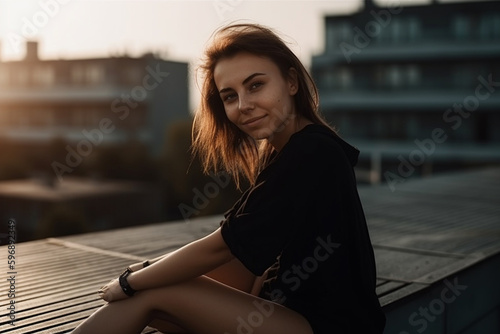 pretty beauty portrait of a young brunette adult woman in black short pants, lies on a flat roof and sunbathes. Generative AI © wetzkaz