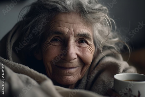 old woman grandma under blanket drinking tea in the background a white living room with sofa. Generative AI