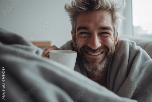 Murais de parede man under blanket drinking tea in the background a white living room with sofa and daylight