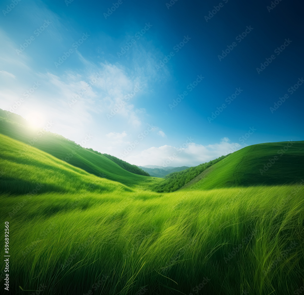 Green field with sky and clouds, in the style of windows xp, smooth curves, serene landscapism. Generative AI. 
