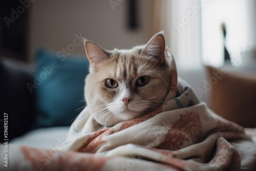 cat at home on the sofa, cat under blanket. Generative AI