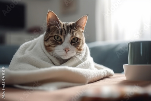 cat at home on the sofa, cat under blanket. Generative AI