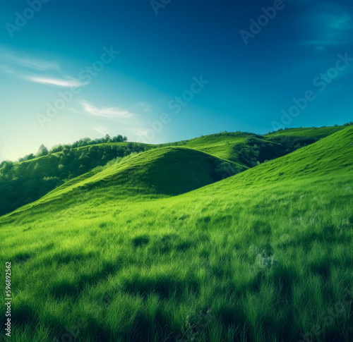 Green field with sky and clouds, in the style of windows xp, smooth curves, serene landscapism. Generative AI. 