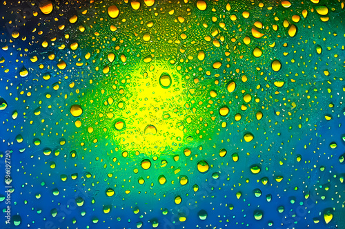 raindrops on the glass behind which are bright lights and a blurry abstract colored background  Generative AI