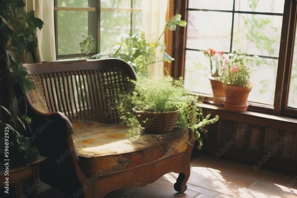 Fototapeta premium cozy wooden bench overlooking a scenic view from a window. Generative AI