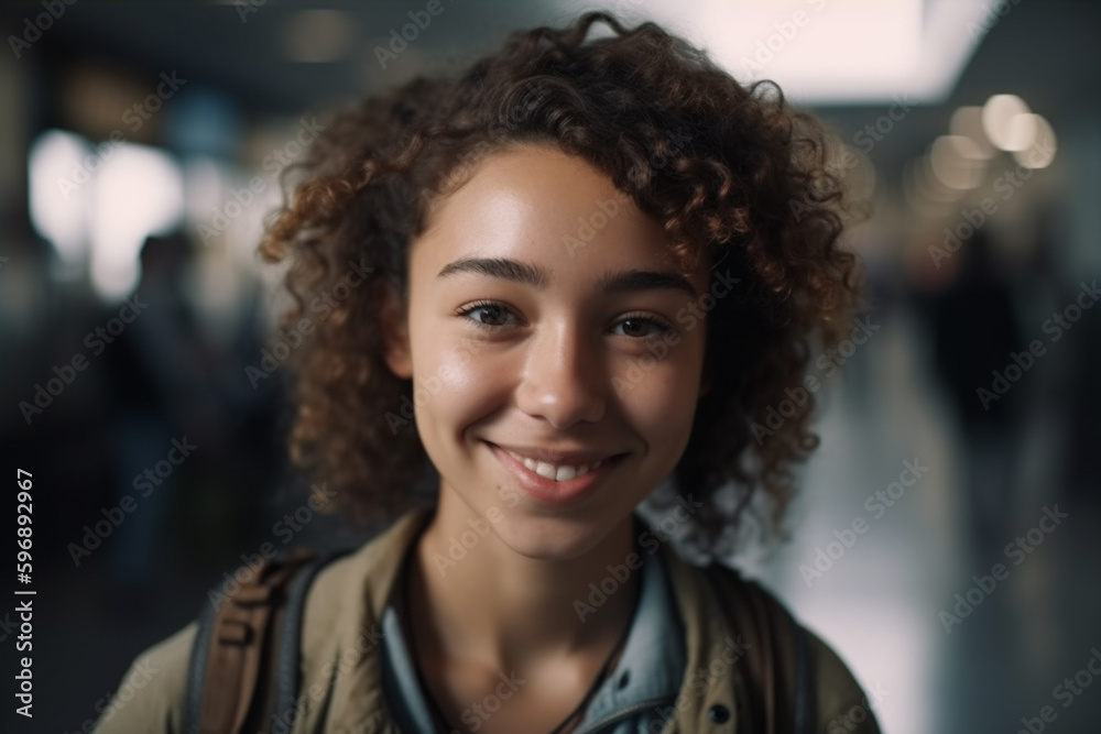 young adult woman with handbag and jacket at an airport. Generative AI young adult woman with handbag and jacket at an airport. Generative AI