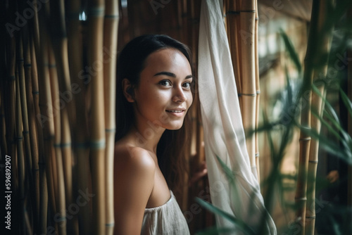 young adult woman in tropical hotel or villa or guesthouse, bali indonesia, fictional place in bamboo architecture. Generative AI