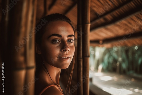 young adult woman in tropical hotel or villa or guesthouse, bali indonesia, fictional place in bamboo architecture. Generative AI