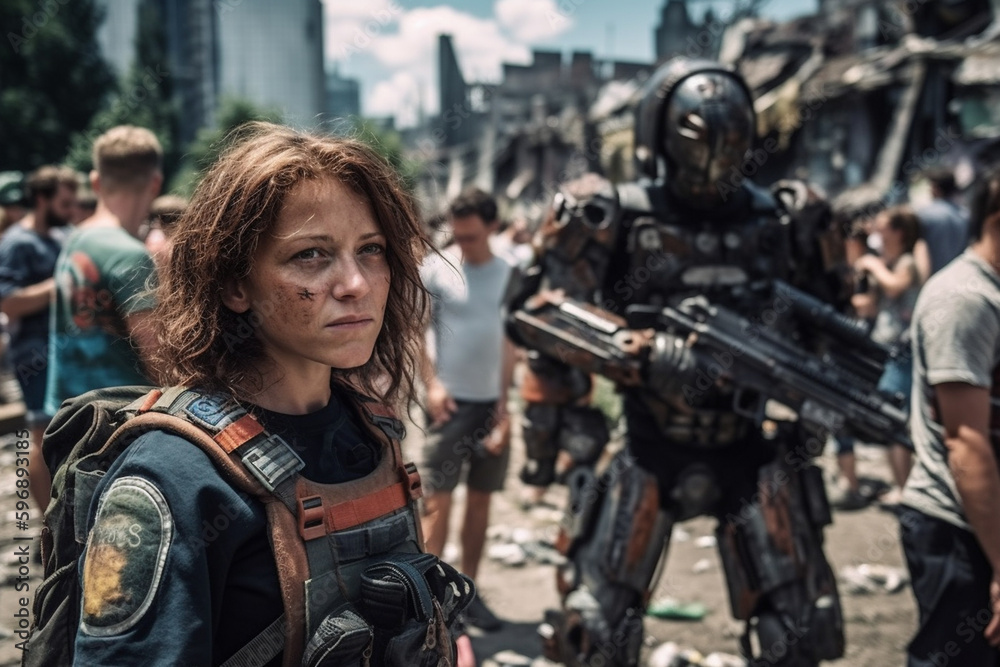 Fototapeta premium robots and humans as combat suits or artificial intelligence for war or as a futuristic future like dystopia. Generative AI