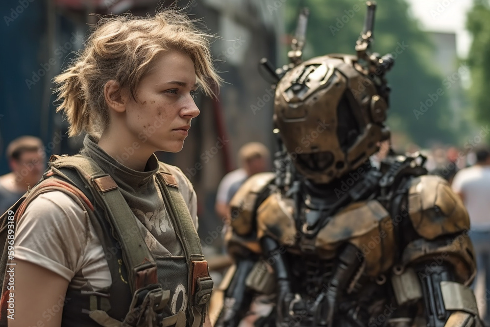 robots and humans as combat suits or artificial intelligence for war or as a futuristic future like dystopia. Generative AI robots and humans as combat suits or artificial intelligence for war or as a futuristic future like dystopia. Generative AI