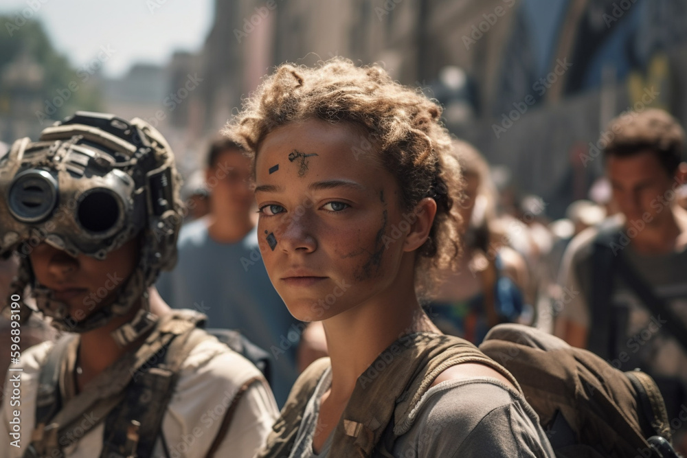 Fototapeta premium robots and humans as combat suits or artificial intelligence for war or as a futuristic future like dystopia. Generative AI