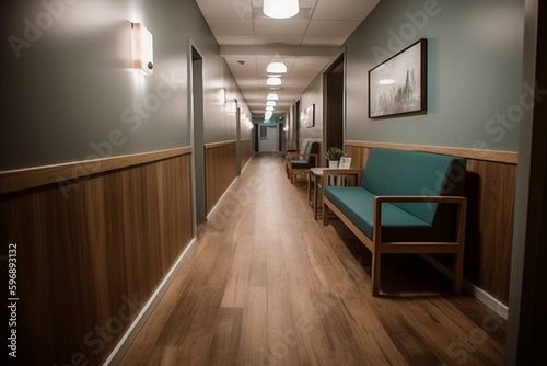 Mental health clinic hallway with cozy seating for patients. Generative AI © Meliora