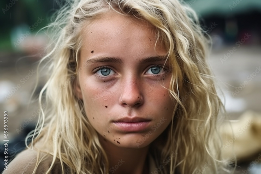 close-up blonde woman, sad or nearly crying at a rice field with people and garbage mountains and garbage heaps, waste on the rice field. Generative AI