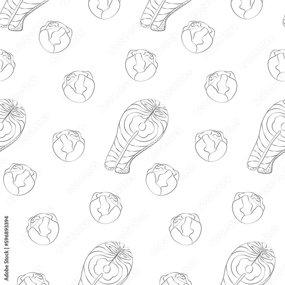 Freehand outline drawn seamless pattern of salmon steak and head of brussels sprouts. Healthy food. Freehand outline drawn seamless pattern of salmon steak and head of brussels sprouts. Healthy food.