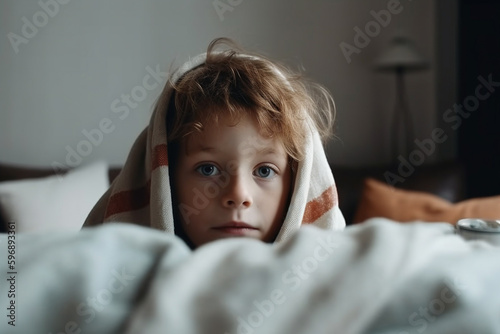 Fotografia young child boy kid under blanket drinking tea in the background a white living room with sofa and daylight