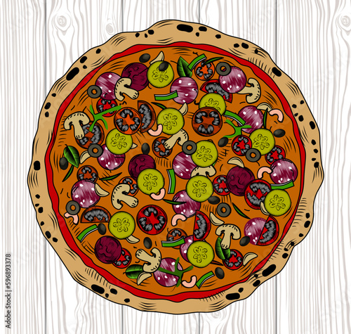Round pizza on a wooden table. Conceptual design of a restaurant menu. Vintage engraving stylized line drawing. Vector illustration