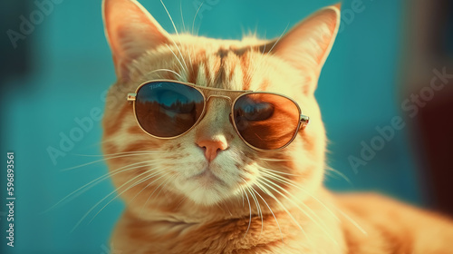 Orange cat with sunglasses in front of a blue background, vintage vibes. Generative Ai. 