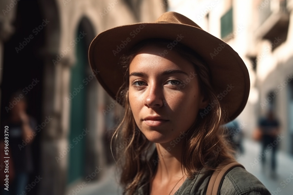young adult woman goes on a city trip, old town, fictional place. Generative AI young adult woman goes on a city trip, old town, fictional place. Generative AI