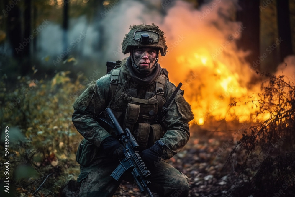 Obraz premium soldier in war zone, weapon and uniform, war, fictional location. Generative AI