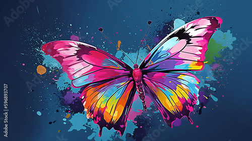 Colorful butterfly on grunge background with splashes and blots. Generative AI © Slava