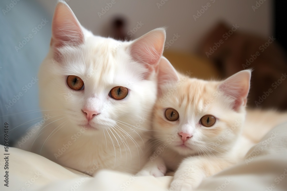 Cute white cat with her little baby kitten. Generative AI